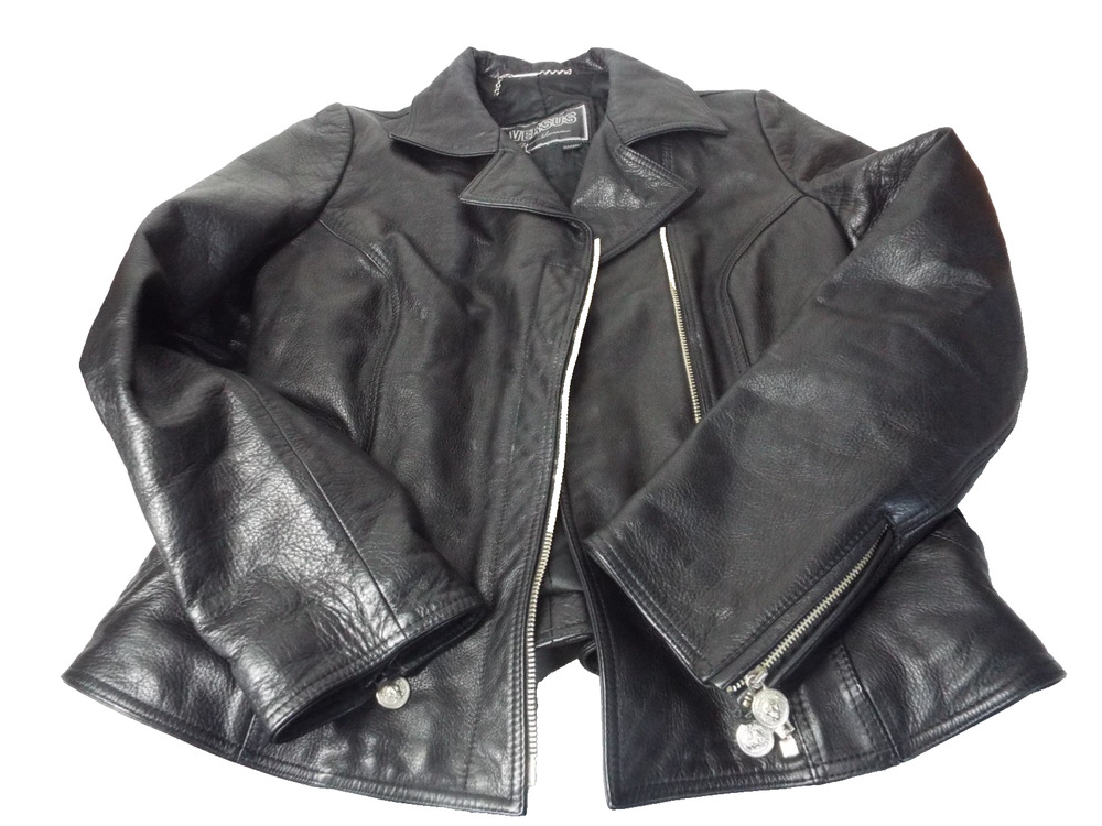 Vintage Women's Black Leather Versus By Gianni Versace Jacket Italy 26/40